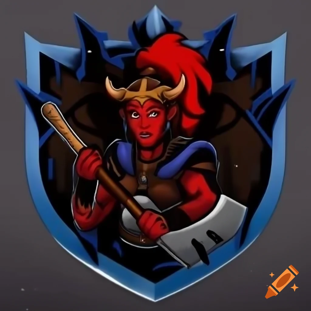 Hockey team logo featuring female Tiefling barbarian with hockey stick in icy setting