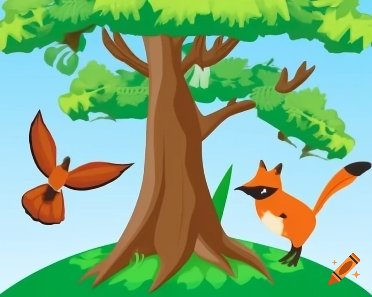 Tree with birds in branches surrounding a fox