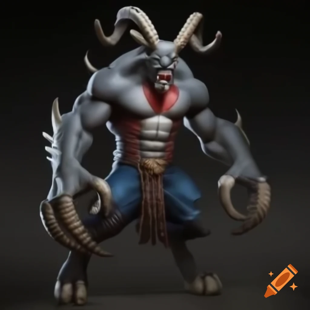 Powerful goat-headed demon with large horns and muscular legs in a standing posture