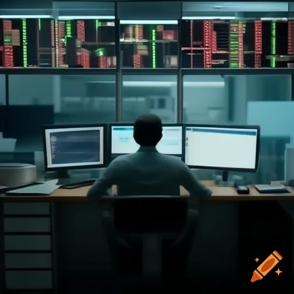 Man sitting at office desk in stock exchange, viewed from behind
