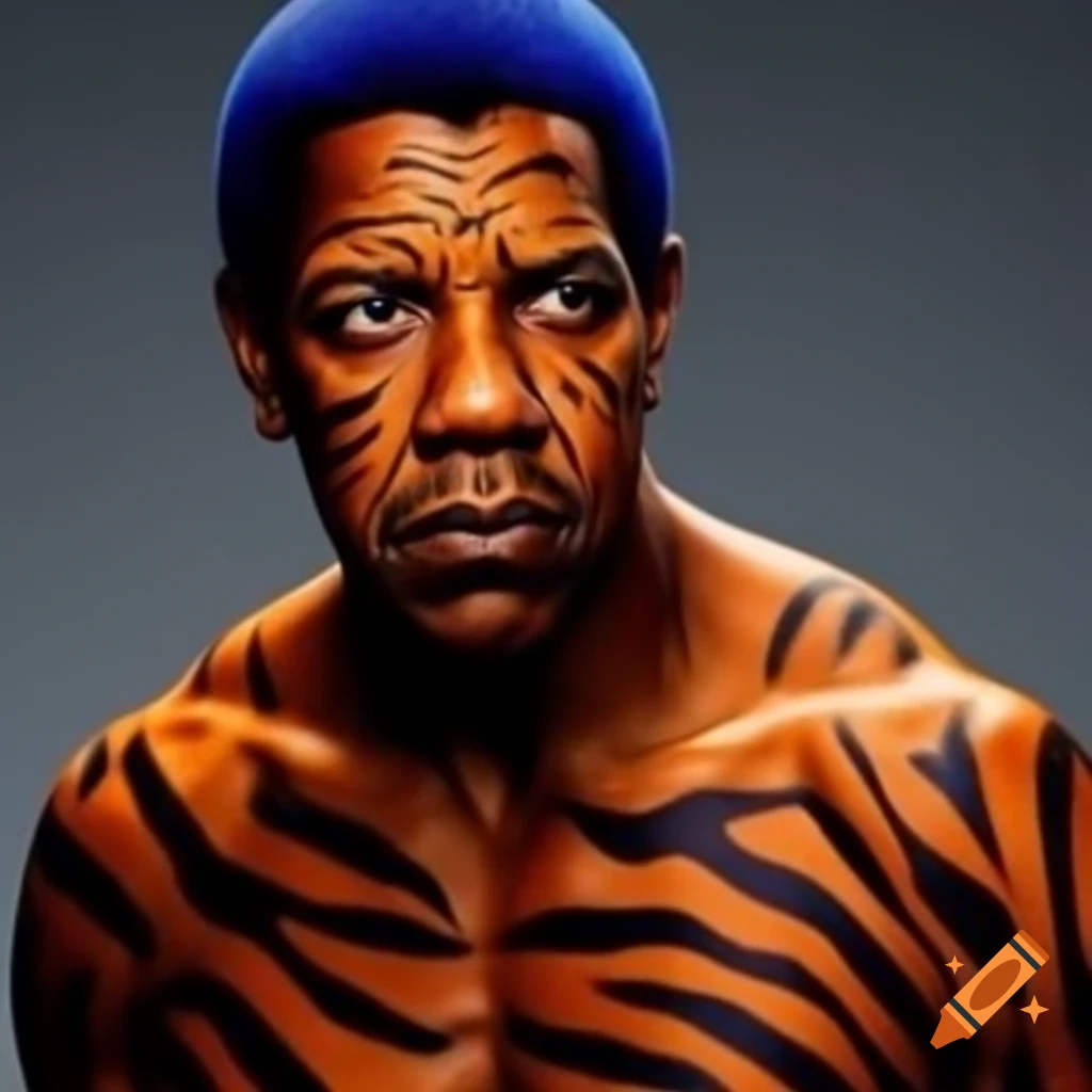 Muscular character with tiger-style makeup featuring blue hair and orange skin