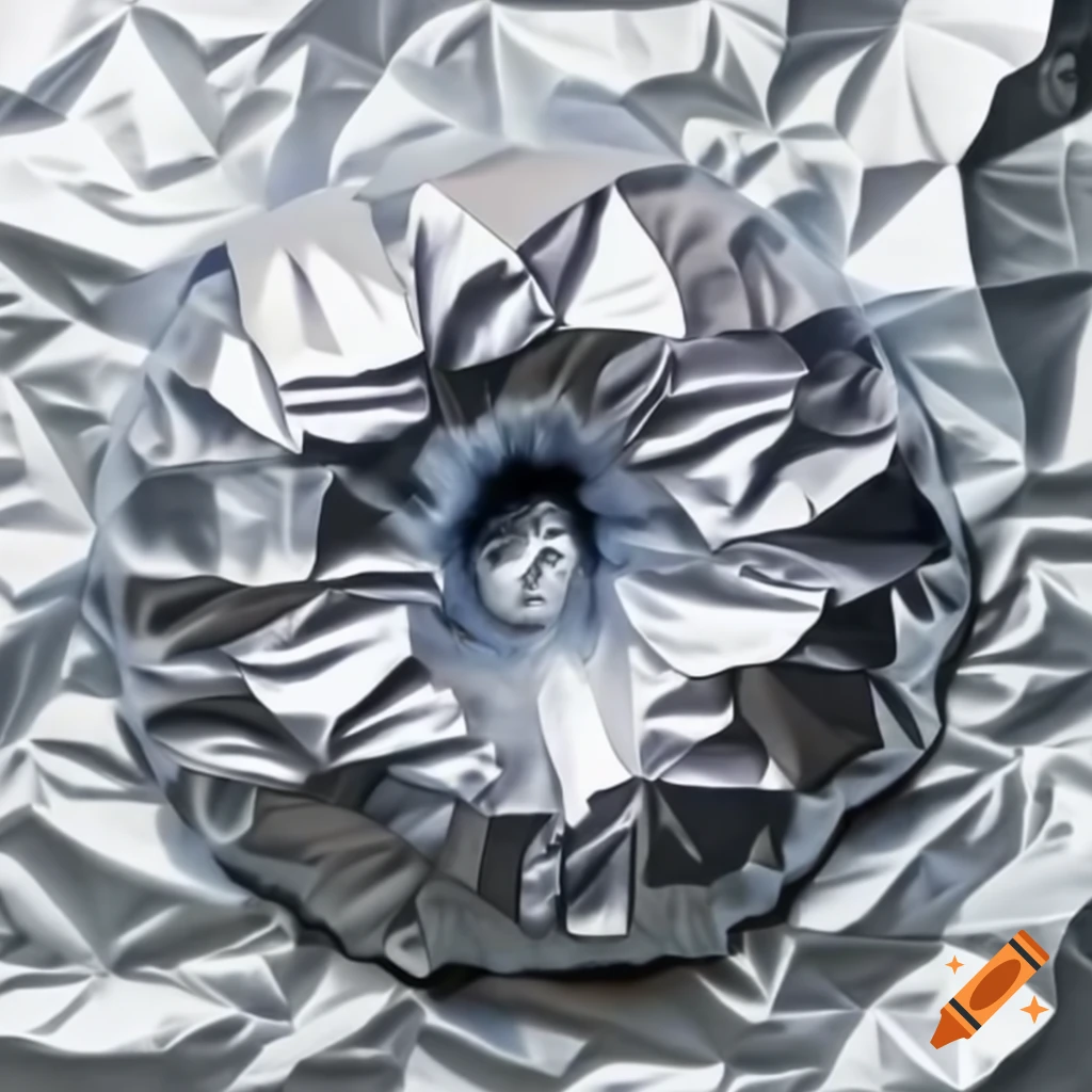 Metallic donut sculpture made from crumpled aluminum foil, whimsical trompe l'oeil