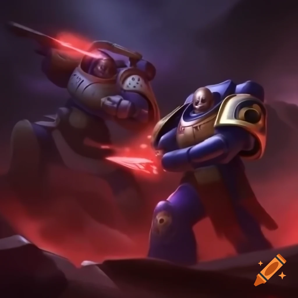 Primarchs battling in warp with red and violet storm, one with flaming sword and other with power axe