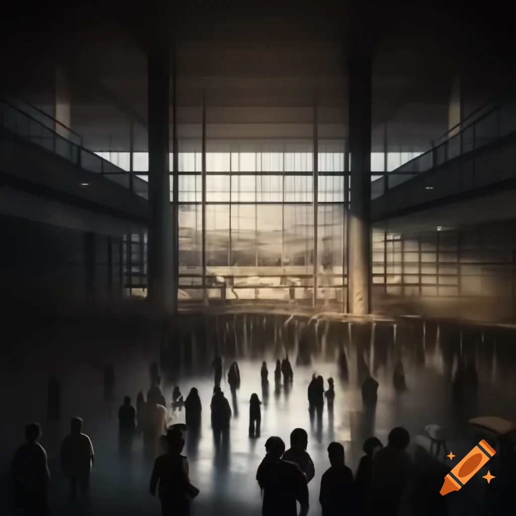 Brightly lit atrium with crowds and cityscape view