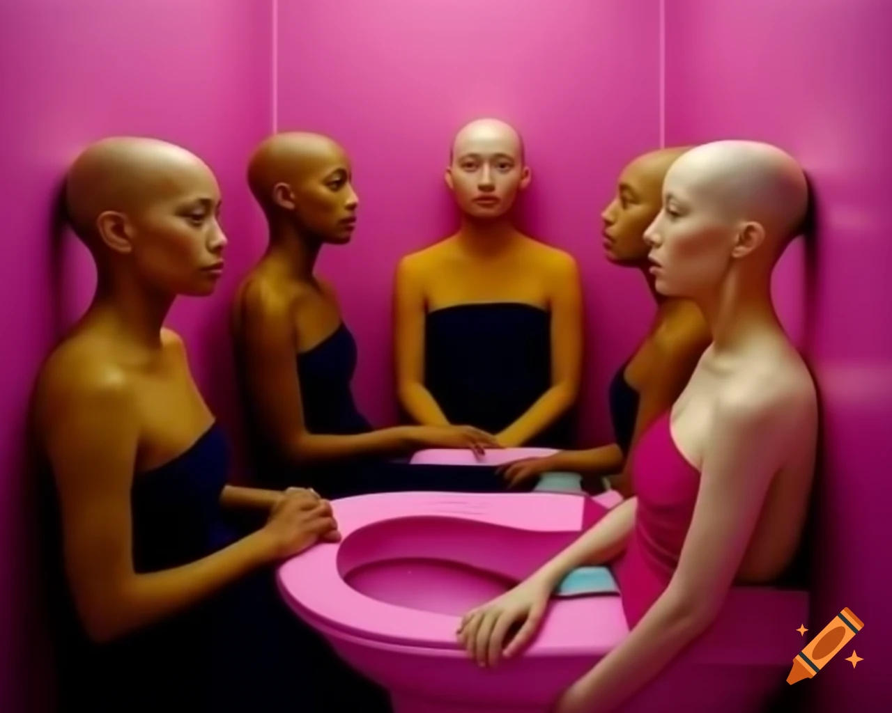Optical illusion featuring bald women in pink restroom with cool colors