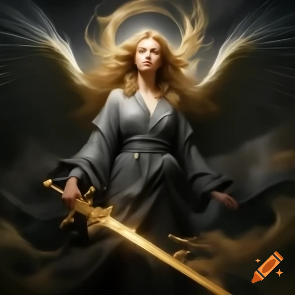 Celestial being with golden hair and wings, holding a sword under a halo