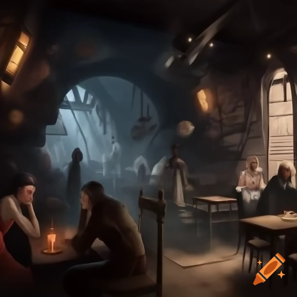 Victorian style steampunk tavern interior with people, fantasy theme