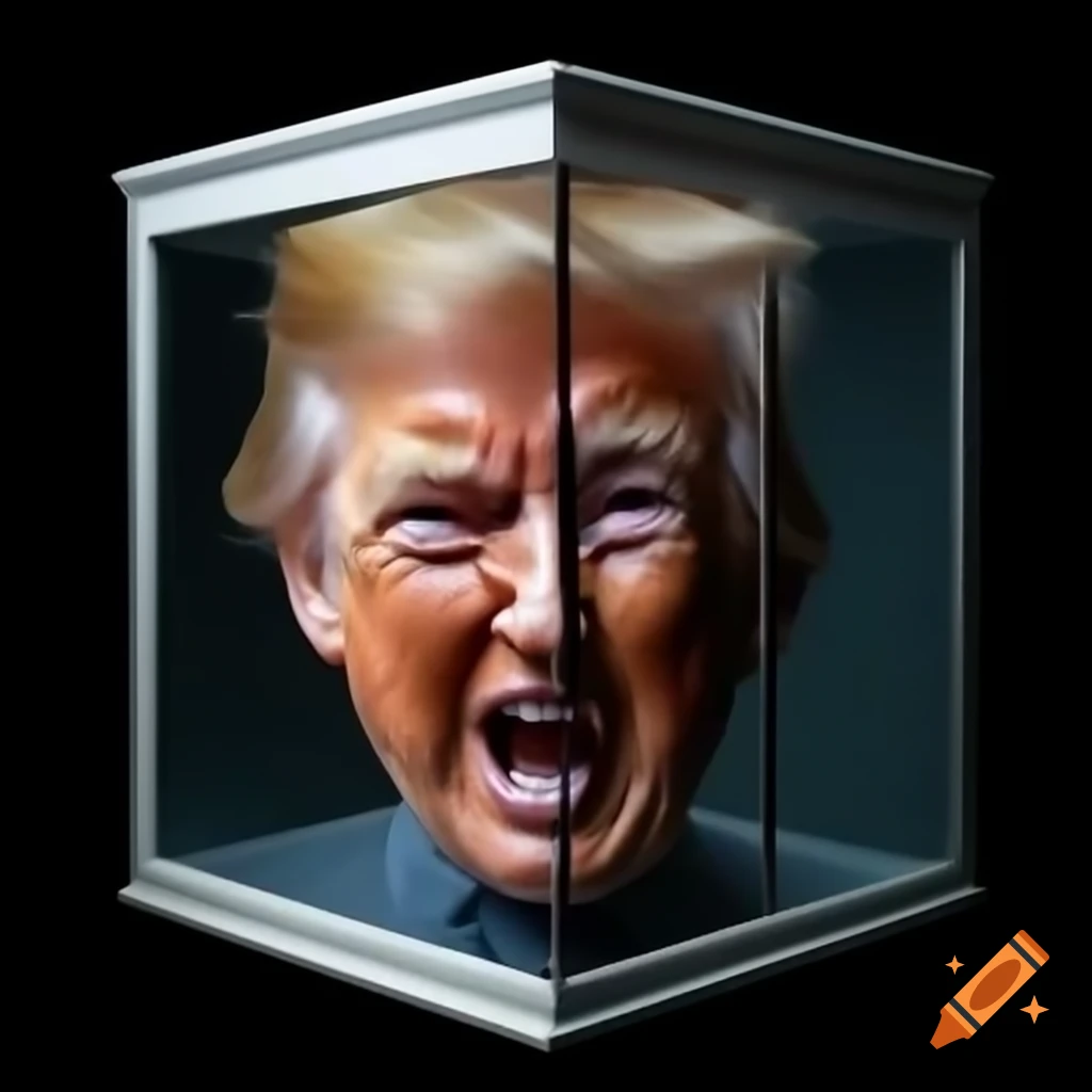 Photorealistic portrait of an elderly man with unique features in a glass box, comedic perspective
