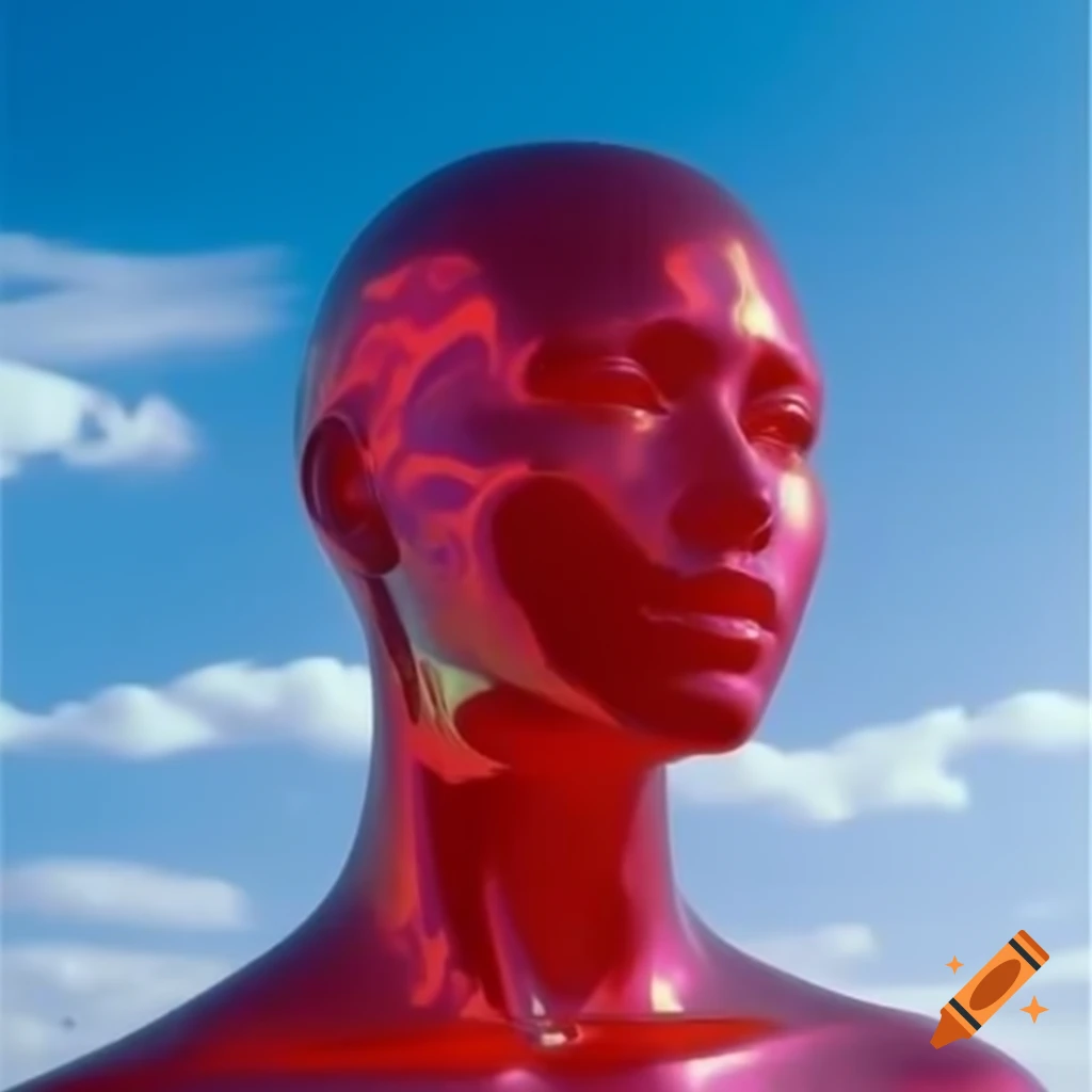 Pop surreal photography featuring red iridescent glass statue in bright sky
