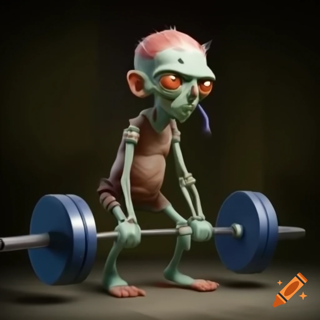 Whimsical cartoon zombie mascot lifting lightweight barbell illustrating proper posture