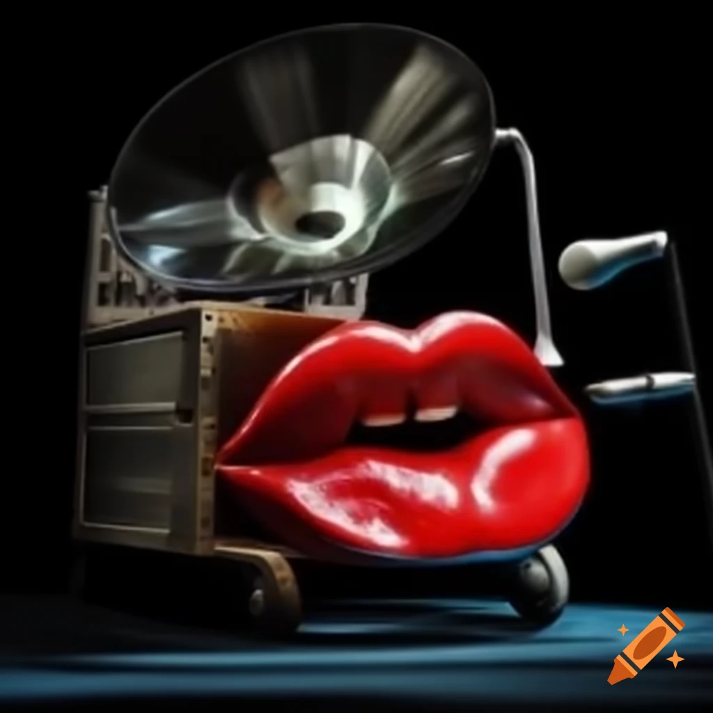 Close-up of a whimsical wheeled machine with red lips and gramophone arms singing on stage