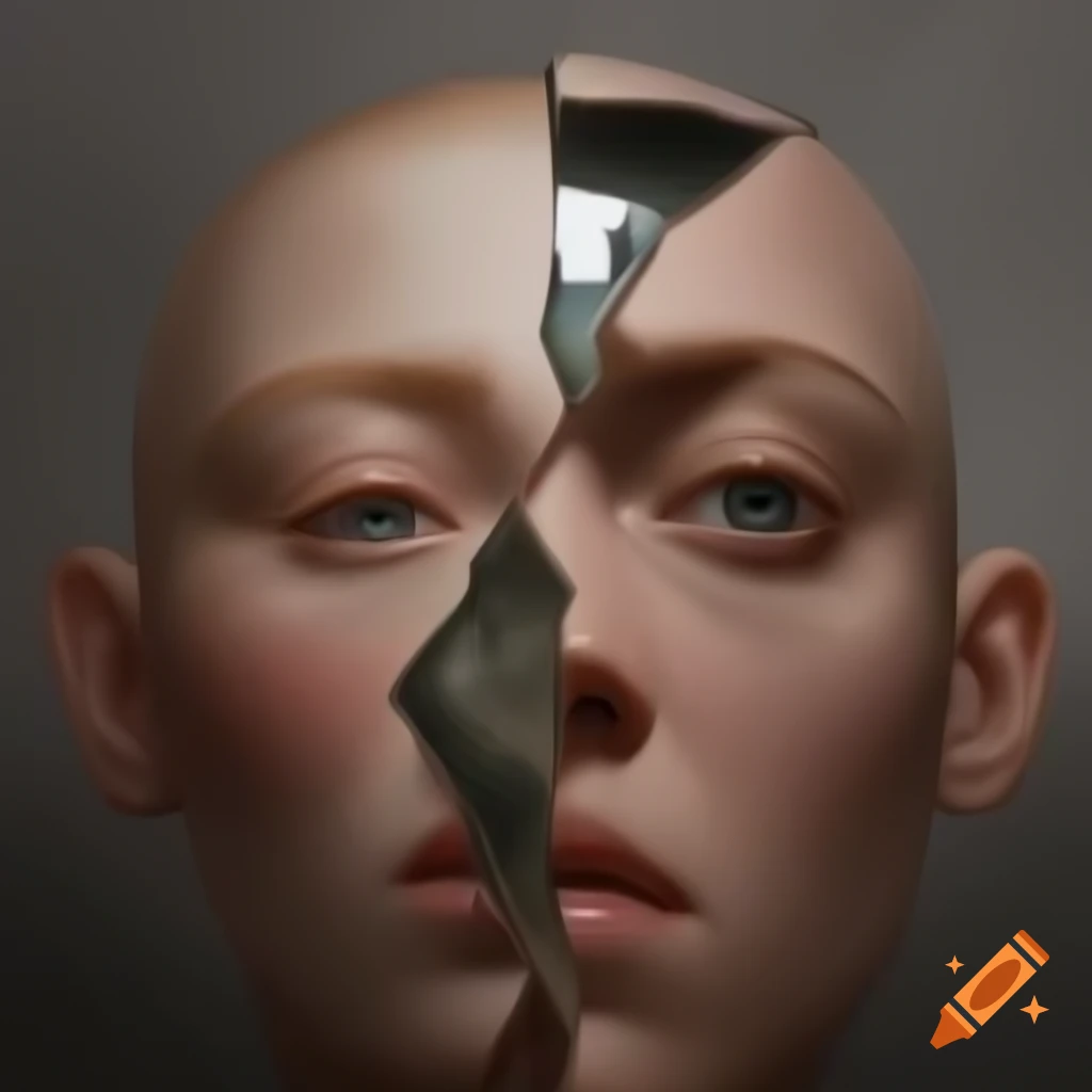 Art depicting a bald person looking into a mirror revealing past and present