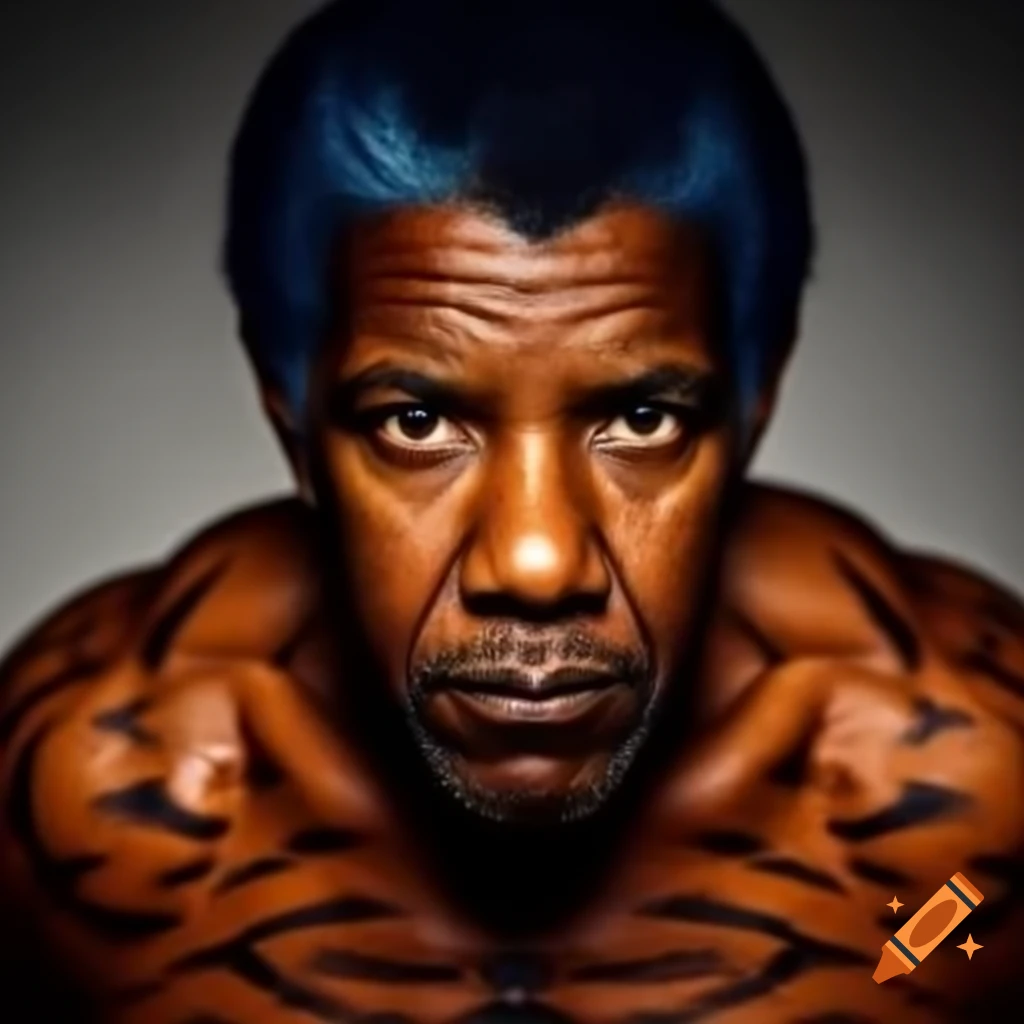 Muscular figure with tiger-style makeup featuring blue hair and orange skin