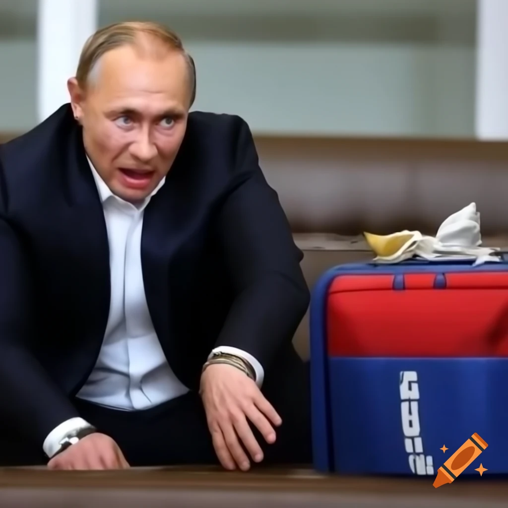 Shocked expression of Vladimir Putin looking at a swollen suitcase