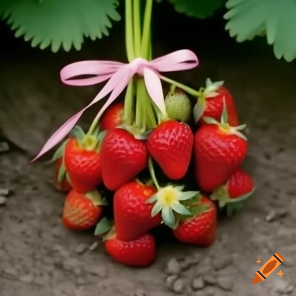 Strawberries tied with stems and pink bow