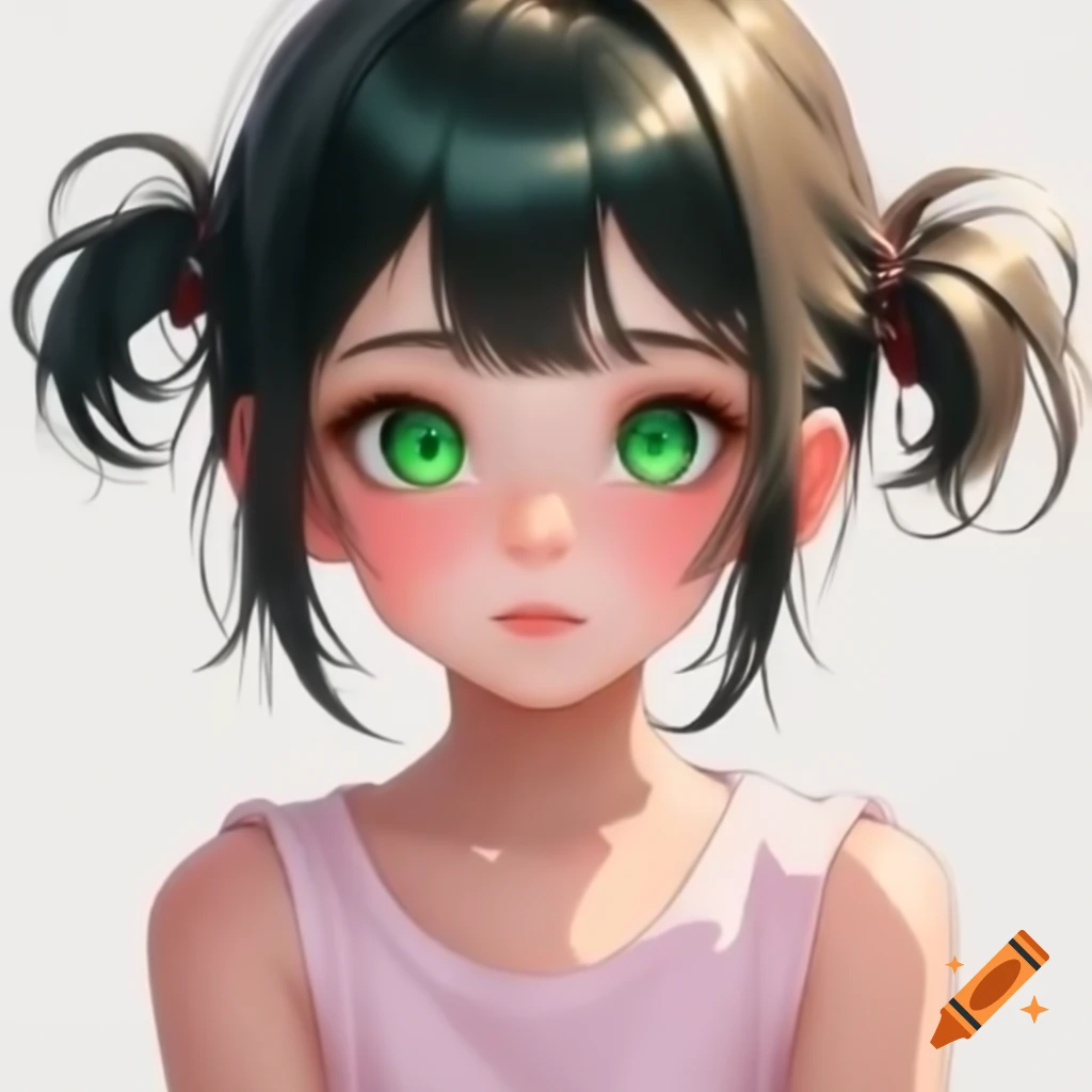 Anime girl with blonde hair and dark green eyes, arms crossed in pink t-shirt