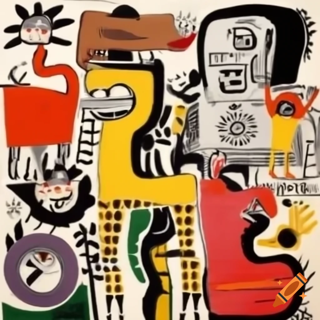 Playful animals painted in Jean-Michel Basquiat style