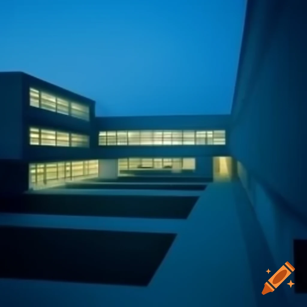 Modern school yard at dusk, liminal space with surreal blue hour lighting