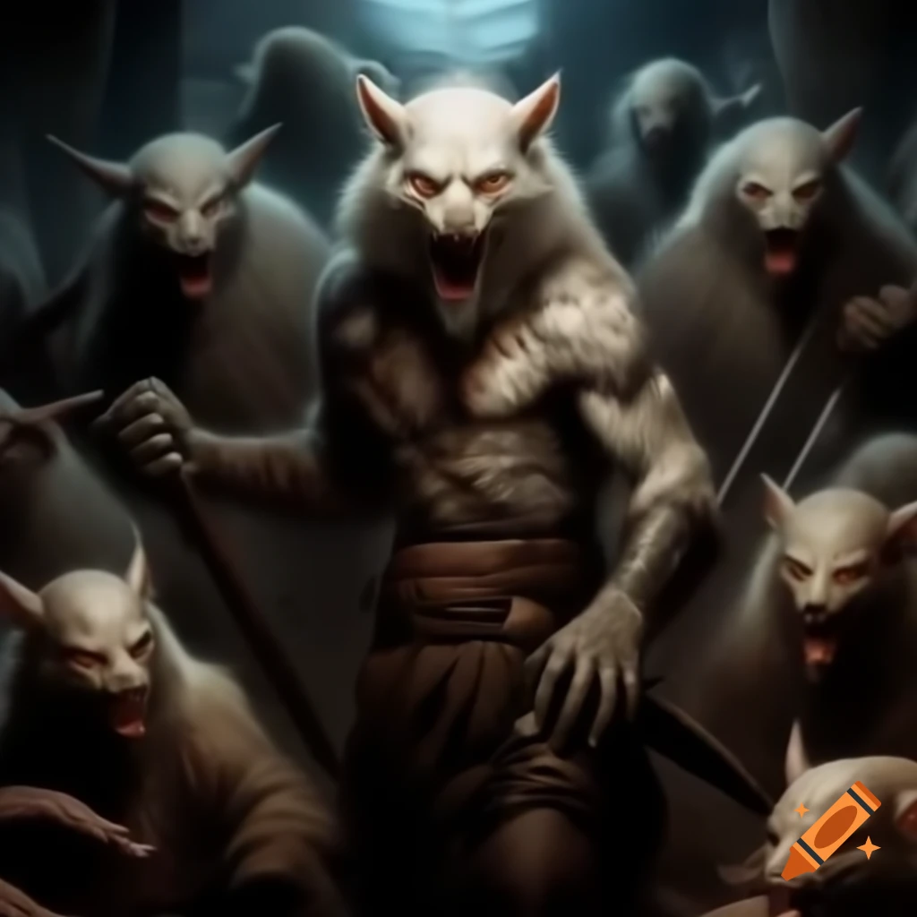 Furry warrior confronting horde of vampires in epic showdown