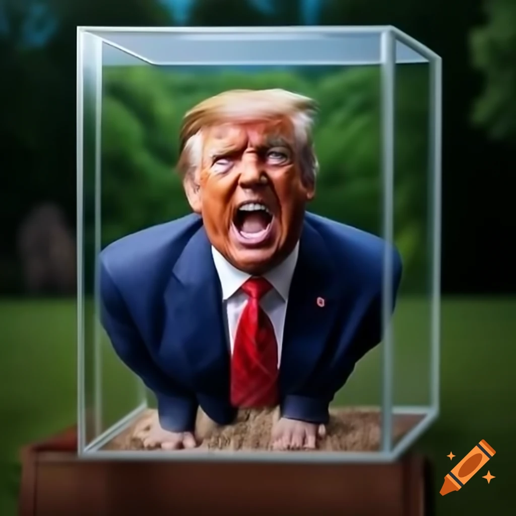 Photorealistic portrait of an elderly man with humorous expression standing in a glass box at an outdoor rally