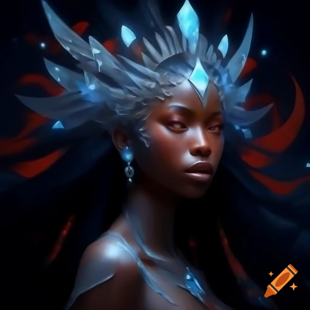 Ethereal fantasy portrait of a Black woman with luminous diamond headdress