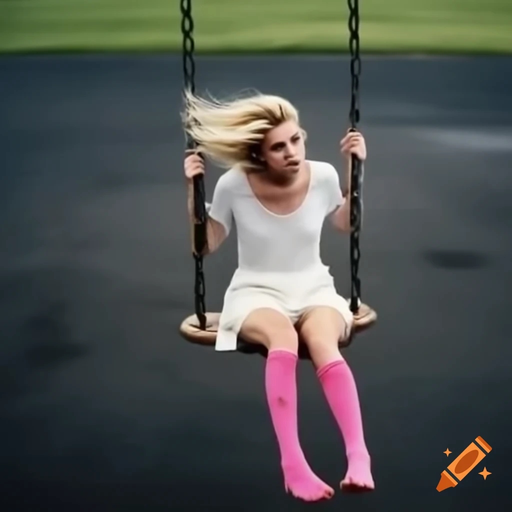 Woman swinging in playground with pink socks visible