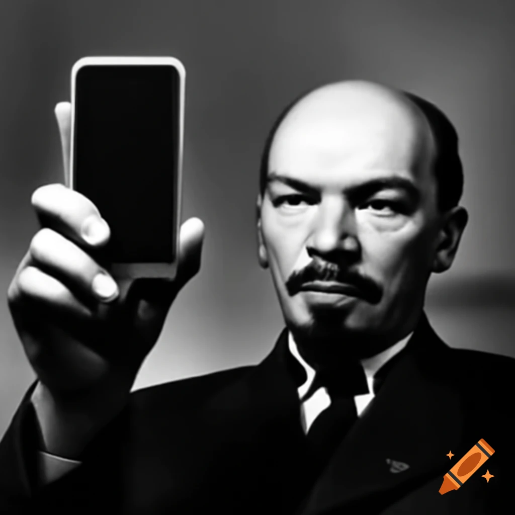 Vladimir Lenin holding smartphone with a fearful expression