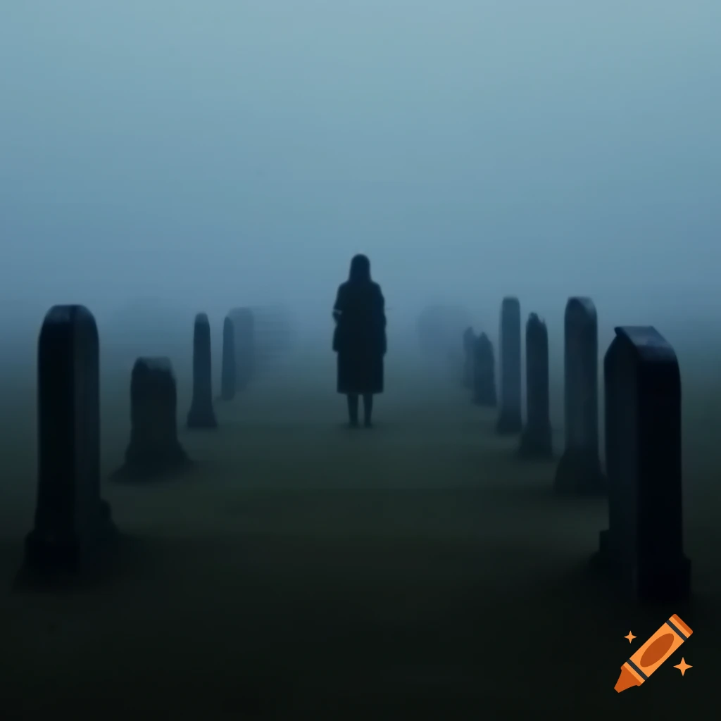 Solitary figure in misty graveyard, conveying isolation and contemplation