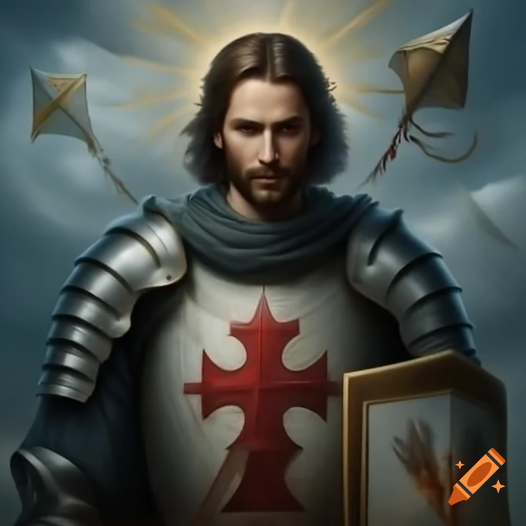 Knight holding holy cross kite shield