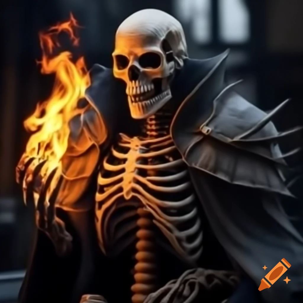 Realistic skeleton fire mage with flames in hands and open mouth