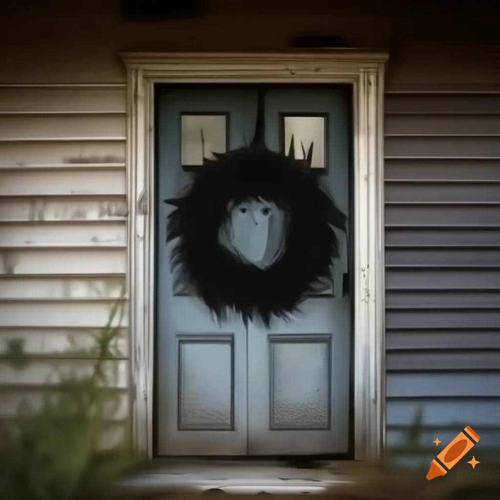 Black wreath on door of abandoned house