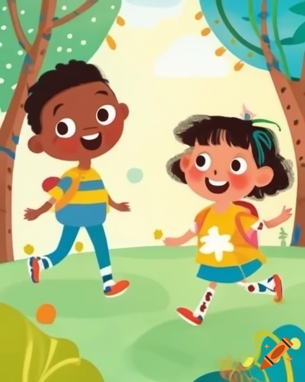 Two smiling kids in colorful park, childish art style