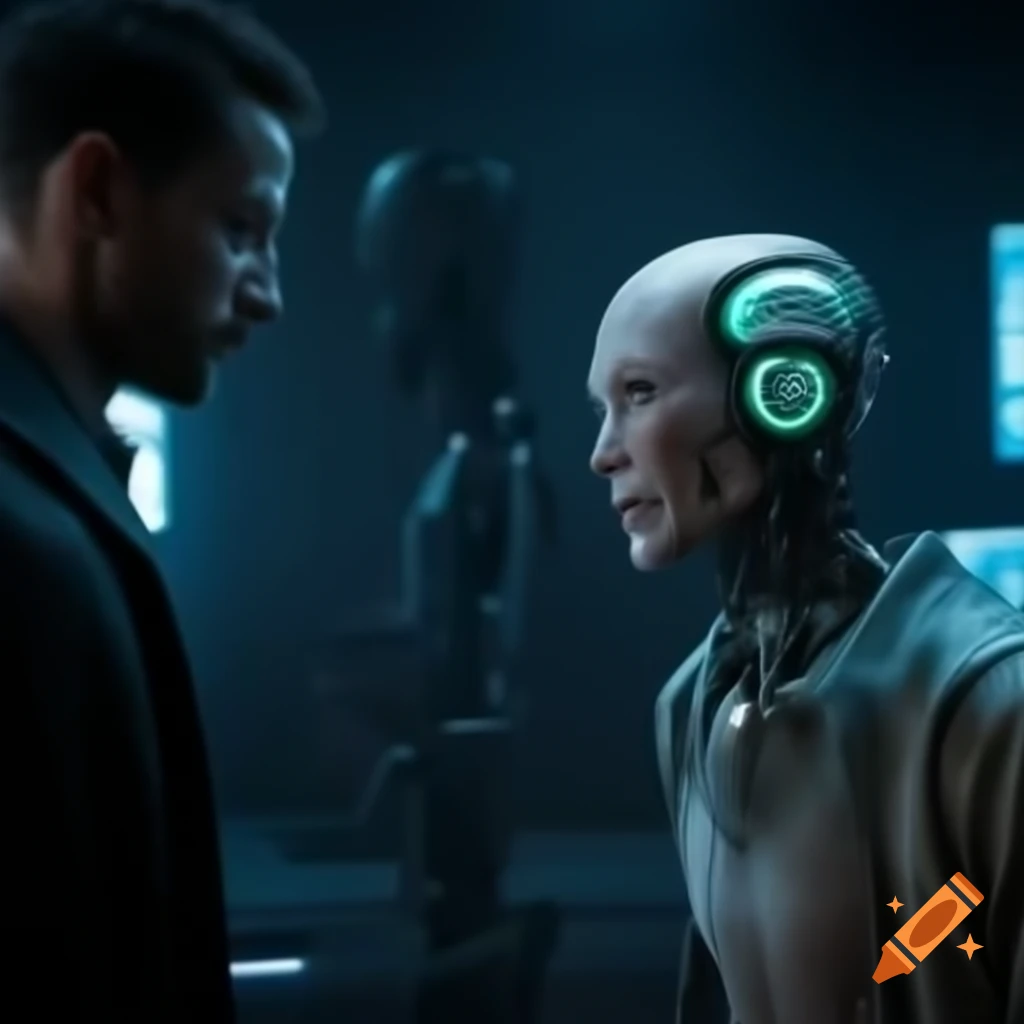 Humanoid robot interacting with distressed man in futuristic dystopian room