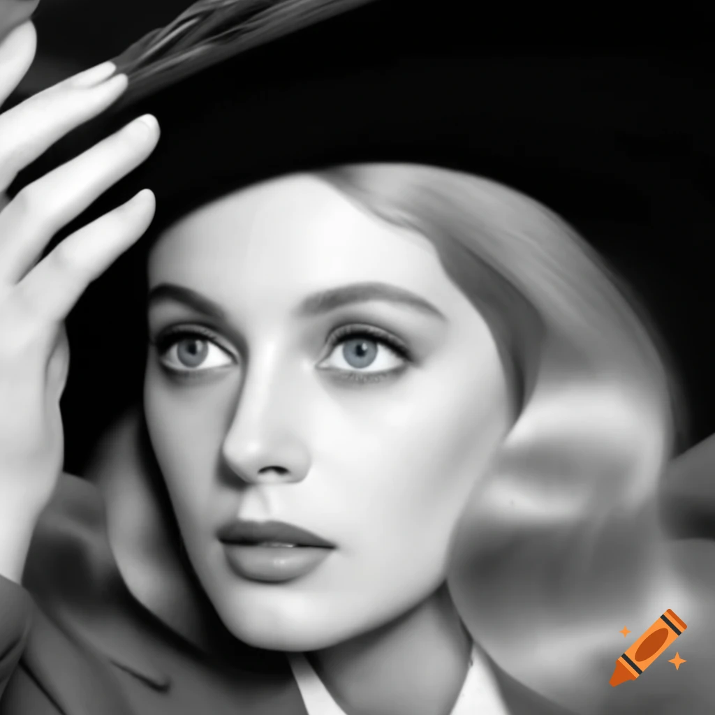 Hyper-realistic black and white portrait of a beautiful European actress from 1963 with striking blue eyes