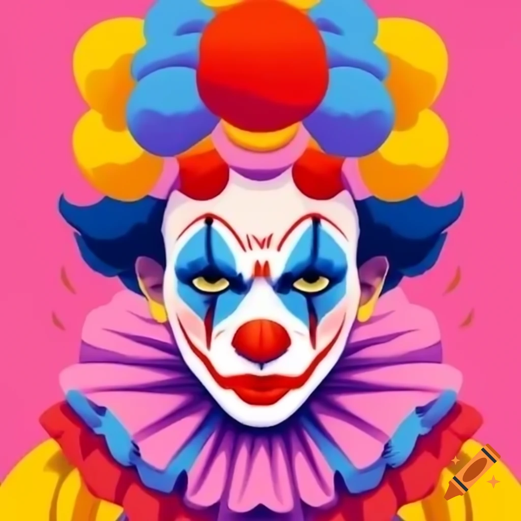 Clown with oversized makeup engaged in animated debate in colorful setting