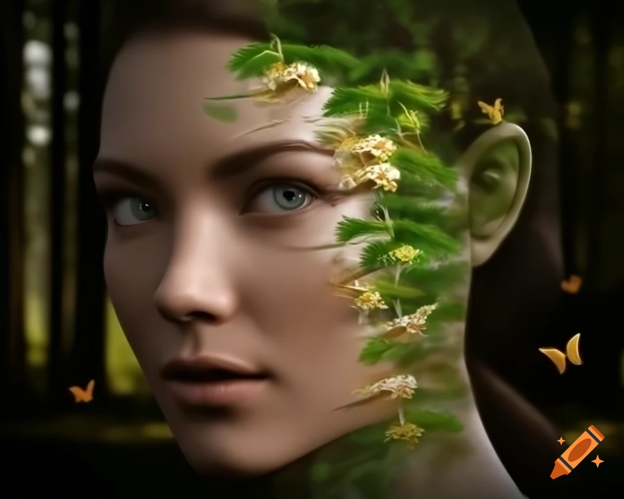 3D render of woman's face in forest with old growth trees