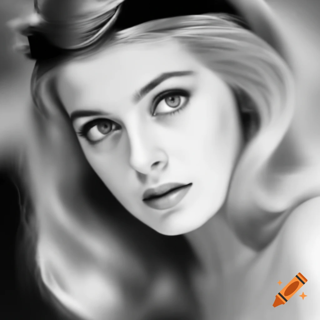 Hyper-realistic black and white photo of a beautiful European actress from 1963