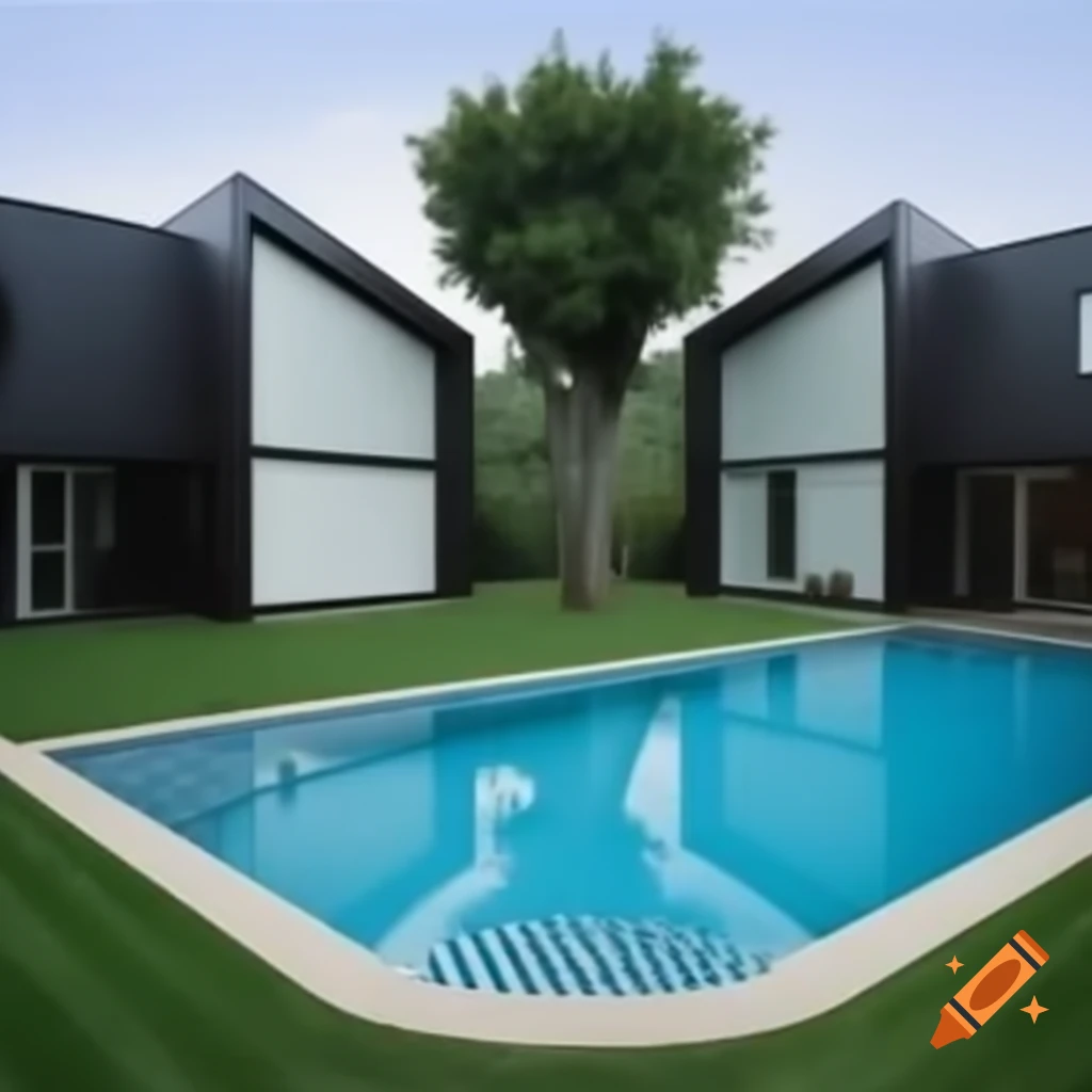 Two houses with a pool surrounded by trees