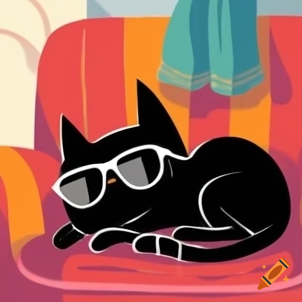 Cartoon art of black cat with sunglasses relaxing on a couch