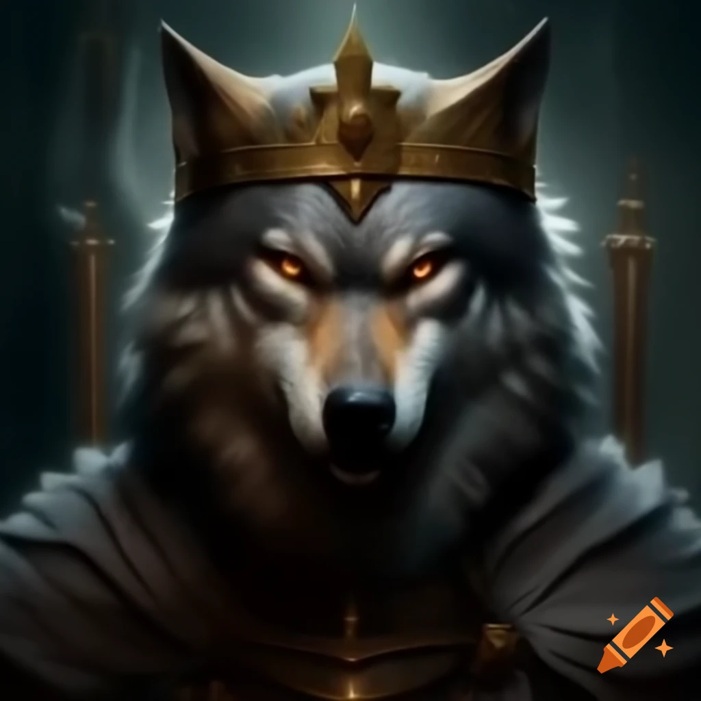 Medieval king with wolf face, imaginative character design