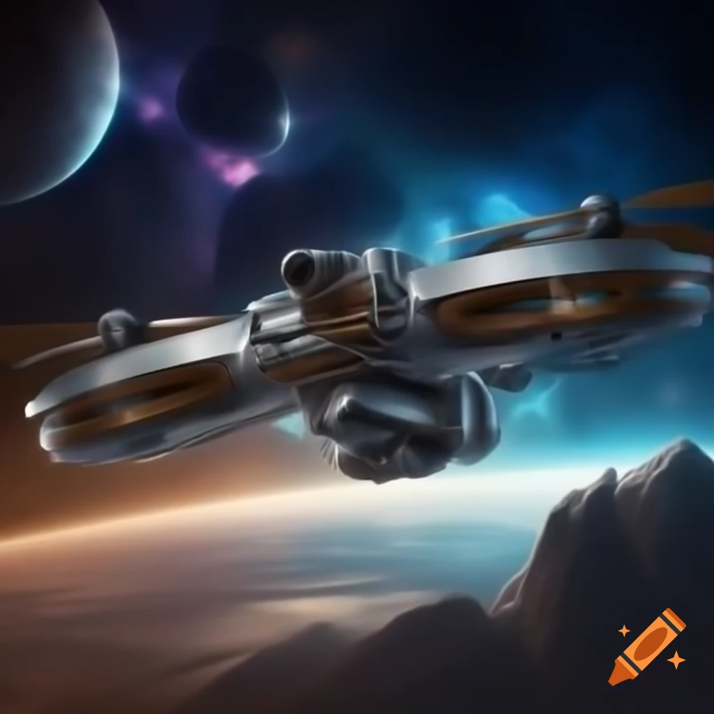 Steampunk drone above vibrant alien planet in starry sky