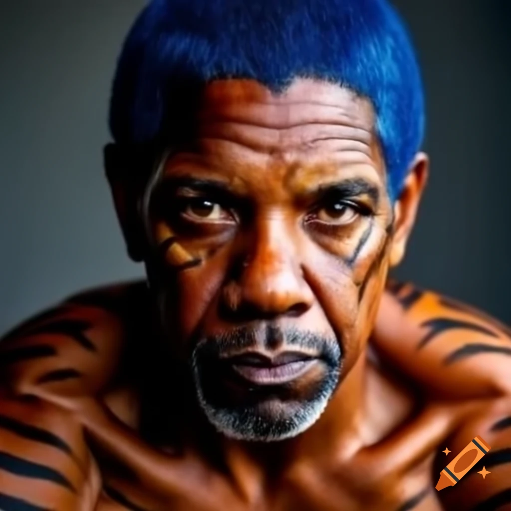 Muscular character with tiger-style makeup and blue hair