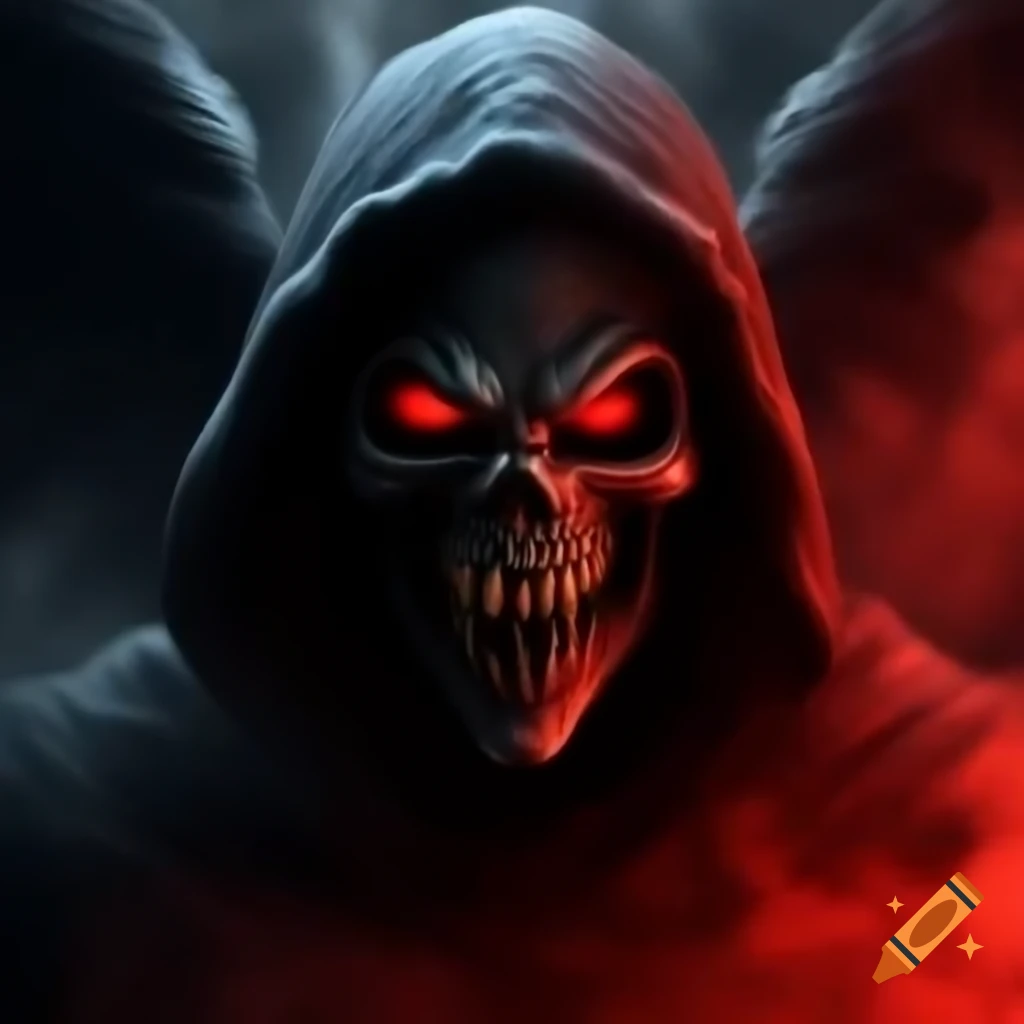 Winged reaper figure with red eyes and smoke in dark horror scene