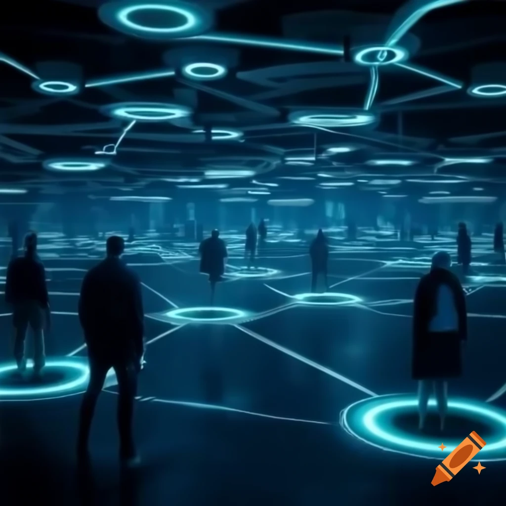 People connected in digital cyberpunk futuristic world