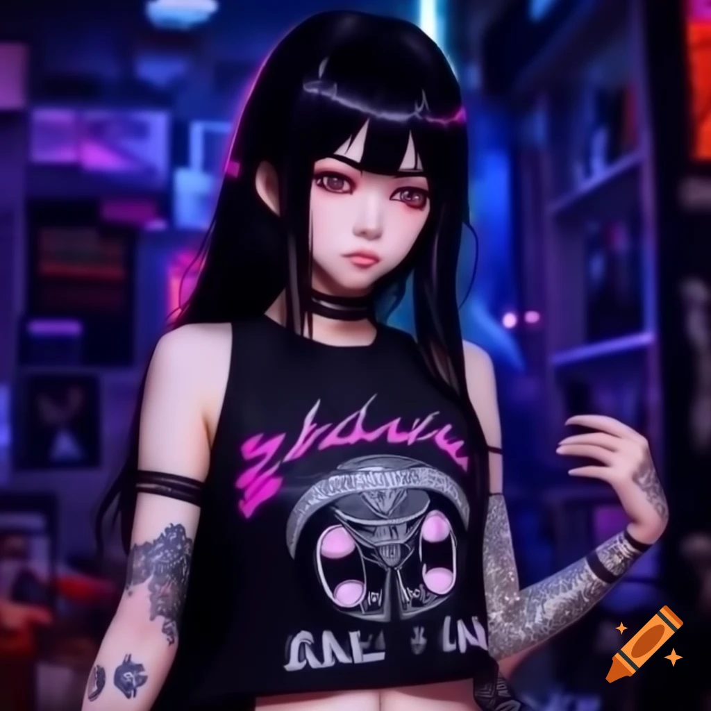 Punk-inspired young woman in dystopic fashion with black hair and intricate accessories