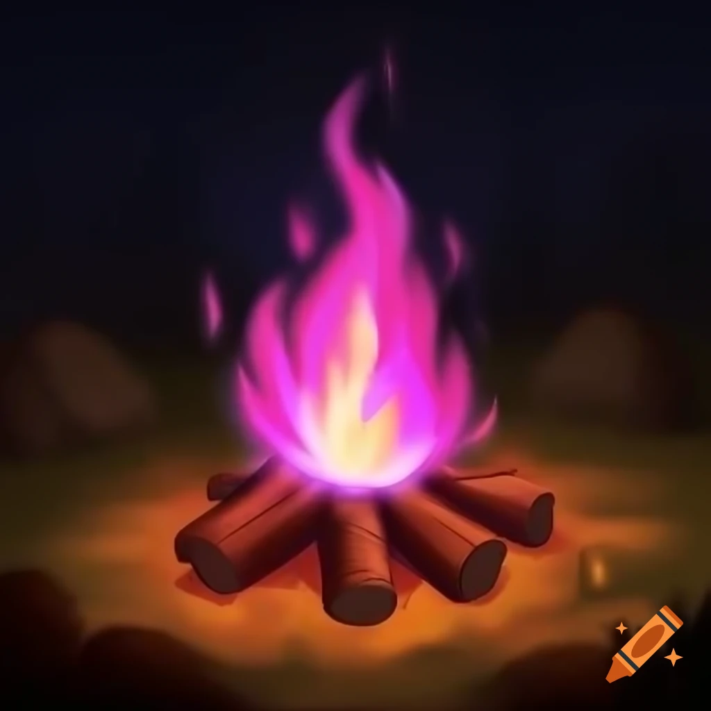 Campfire with vibrant pink and purple flames