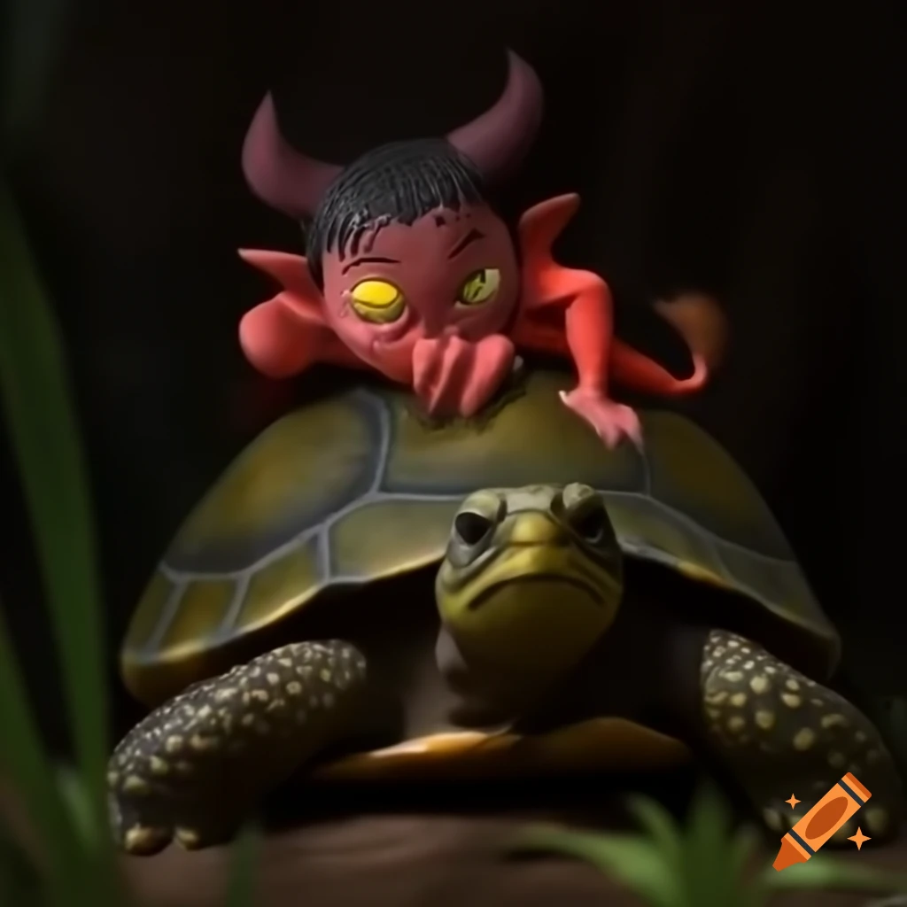 Demon riding on the back of a turtle