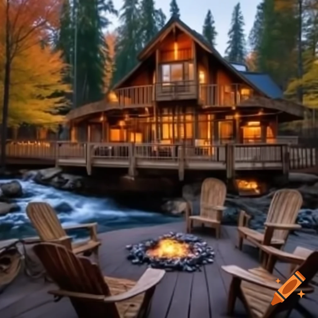 Rustic cabin with flowing river and fall trees, featuring deck and fire pit