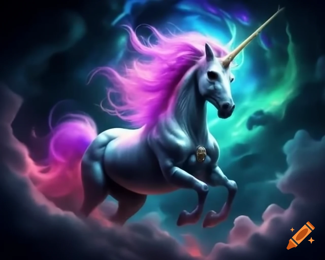 Mythical unicorn galloping with aurora borealis colors amidst celestial light