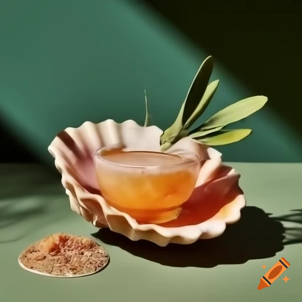 Colorful drink in seashell garnished with olive and labeled 'shebara'